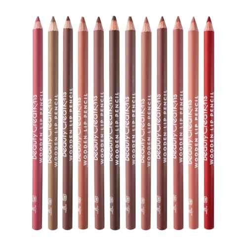 12 Colors Wooden Lip Liner Pencil Set, High Pigmented Soft Matte, Long Wearing, Deep and Rich in Color, Smudge Resistant