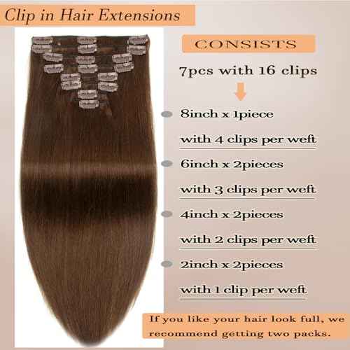 Clip in Hair Extensions Chocolate Medium Brown Real Human Hair Straight 24 Inch 7pcs 120g Clip ins Hair Extensions Brazilian Remy Human Hair 16 Clips Double Weft Human Hair For Women