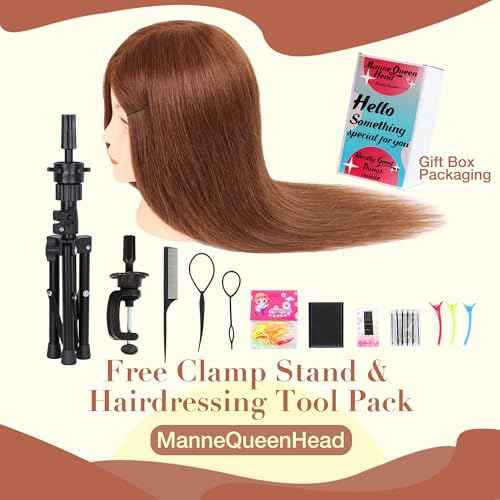 Mannequin Head with Human Hair - 20-22" Cosmetology Mannequin Head with 100% Real Human Hair for Braiding Practice Cutting - Manikin Head with Human Hair for Hairdresser with Tripod Set