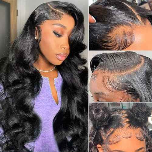 SWEETGIRL Human Hair Body Wave Wig 13x6 HD Lace Front Wig, Pre Plucked, Natural Black, 26 Inch, 180 Density