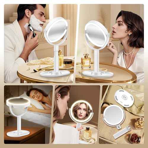 Makeup Mirror with Lights, 30X Magnifying & Height Adjustable, Lighted Magnifying Mirror with 3 Light Modes and Stepless Dimming, Vanity Mirrors for Bathroom, Birthday Gift for Women, White