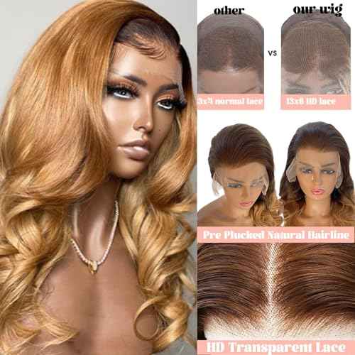 Highlight 13x6 HD Transparent Lace Front Wigs Human Hair Ombre P4/27 Colored Honey Blonde Frontal Wigs 150% Density Balayage Body Wave Human Hair Lace Frontal wig Pre Plucked with Baby Hair for Women