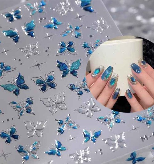 Butterfly Nail Stickers 3D Sickers for Nails Art Design Fingernail Stickers Self-Adhesive Nail Supplies Accessories for Women DIY Decoration(Shiny Butterfly)
