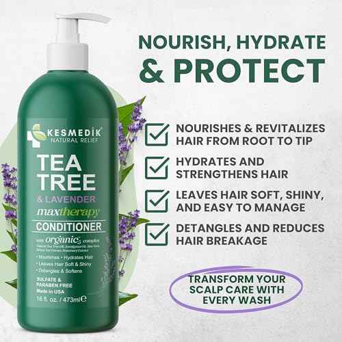 Tea Tree & Lavender Conditioner, Soothes Itchy, Dry Scalp, Refreshes, Hydrates, Detangles & Controls Frizz, Reduces Hair Loss, Lavender-Infused Nourishing Formula for All Hair Types, 16 fl oz