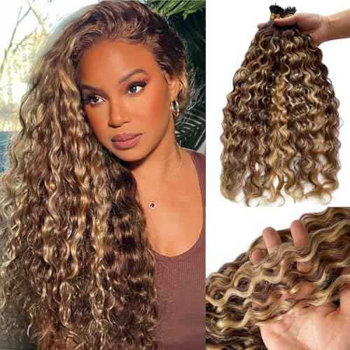 I Tip Water Wave Microlink Human Hair Extensions, Balayage Chocolate Brown Ombre Honey Blonde Micro Beads Pre Bonded Keratin Stick Tipped Hair Extensions 50 Strands 50g 24" Wet and Wavy Hair