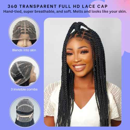 Wow Braids 18" Full 360 HD Transparent Lace Front Medium Knotless Twist Wig with Baby Hair - Synthetic hand-made box braids wig for black women