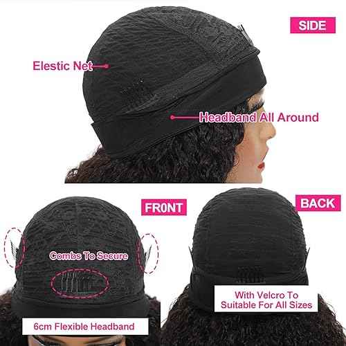 Kinky Curly Headband Wig Human Hair 14 Inch Headband Wigs for Women Human Hair Glueless None Lace Front Curly Wave Wigs Brazilian Virgin Hair Wear and Go Glueless Wig 150% Density Natural Black Color