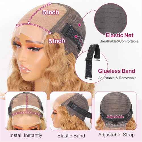 Honey Blonde 5x5 Body Wave Bob Wig Human Hair 200% Density 5x5 Hd Lace Closure Wigs Human Hair Wigs For Black Women Wear And Go Glueless Bob Wig Human Hair With Baby Hair 16 Inch