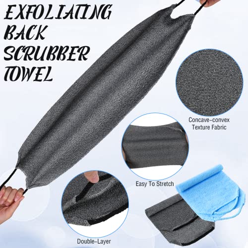 Back Scrubber for Shower Exfoliating Washcloth Back Cloth Body Extended Length Scrubber Towel Nylon Exfoliating Stretchable Pull Strap Wash Cloth for Bath Body Scrub Washcloth 2 Pack (Gray,Blue)