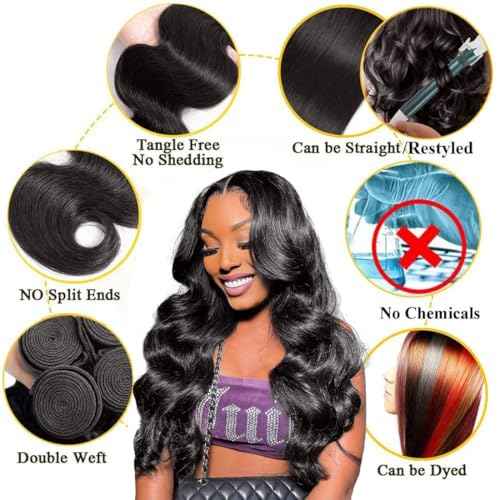 100% Brazilian Virgin Human Hair Body Wave Natural Black Human Hair Bundles with 4x4 Lace Closure, 3 Bundles with Closure (14, 16, 18+12 Natural Black)
