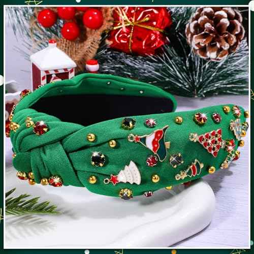 obeoby Christmas Headband for Women, Knotted Headbands with Christmas Tree Crystal Pearl Snowflake Decorations Holiday Hairband