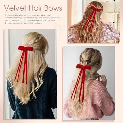 VOBOBE 2PCS Velvet Hair Bows for Women Girls, Tassel Ribbon Bowknot Hair Clips Barrettes for Girl with Small Long Tail Solid Hair Accessories (Red-Velvet)