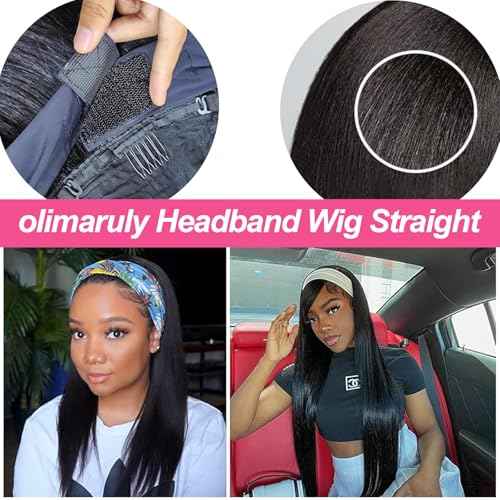 Headband Wig for Women Black Straight 26 Inch Wigs Human Hair Glueless Wear and Go 180% Density Ready to Go No Lace Glueless Wig with Headband Beginners Friendly Natural Black