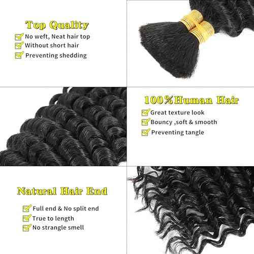 Curly Human Braiding Hair for Boho Braids Bohemian Deep Wave Bulk 100% Human Hair for Micro Braiding Hair Wet and Wavy Boho Knotless Braids Hair No Weft 2 Bundles