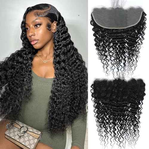 13x6 HD Lace Closure Deep Wave Human Hair HD Transparent Lace Closure Human Hair Pre Plucked 12A Virgin Hair Closures for Black Women 22 Inch