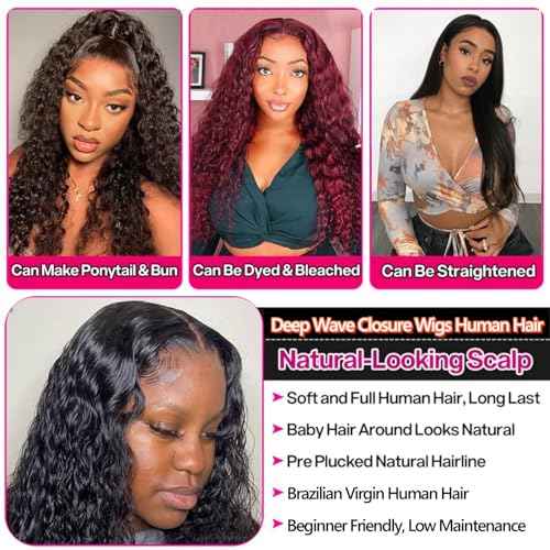 Deep Wave Lace Front Wigs Human Hair for Women 4X4 Hd Lace Closure Brazilian Virgin Wig Wet and Wavy Wear and Go Glueless Wigs Pre Plucked Bleached Knots Natural Black 28 Inch