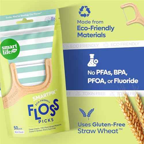 SmartLifeco Eco-Friendly Dental Floss Picks (300ct) - The Original Straw Wheat Flossers, Superior Anti-Shred Thread for Tight Gaps, Zero Waste Tooth Pick for Adults, Soft on Gum & Teeth, Vegan, Mint
