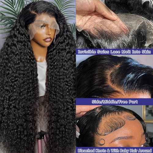 Oxcart Deep Wave Lace Front Wigs Human Hair 24 Inch 200 Density 13x6 HD Lace Frontal Wigs Pre Plucked Glueless Brazilian Virgin Human Wig with Baby Hair Deep Wave Wigs for Women Natural Black