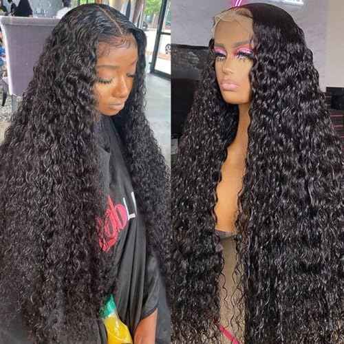 13x6 Lace Front Wigs Human Hair Water Wave 200 Density 13x6 HD Full Lace Frontal Wigs Pre Plucked Wet and Wavy Glueless Deep Curly Human Hair Wigs for Women Natural Black 22 Inch