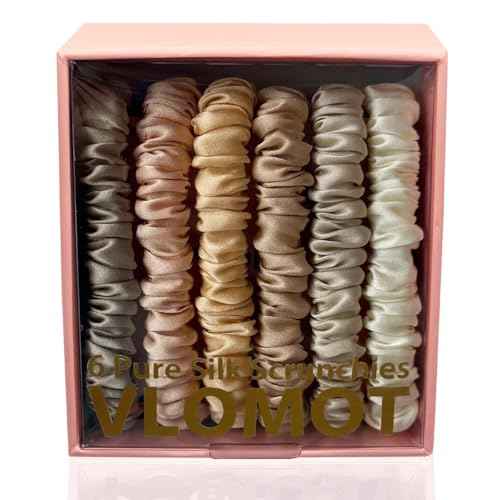 6 Pcs Set 100% Pure Mulberry Silk Scrunchies Hair Ties with 6 Chic Colors Everyday Skinny Scrunchies Silk Ponytail Holders Hair Care No Damage (Champagne)