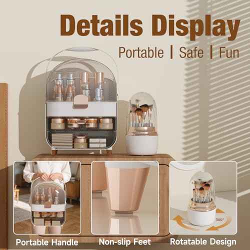 Makeup Organizer, Skincare Organizers With Makeup Brush Holder, Cosmetic Organizer for Countertop,Bathroom, Vanity, Cosmetic Display Cases, Christmas Gifts for Teen Girls (Rose Gold)