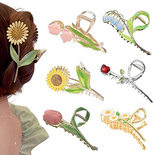 Flower Metal Hair Claw Clips 6 Pcs Cute Large Tulip NonSlip Hair Barrettes Strong Hold Hair Clamps Fashion Hair Accessories for Woman Girls with Long Thick Thin Curly Hair (A Style)