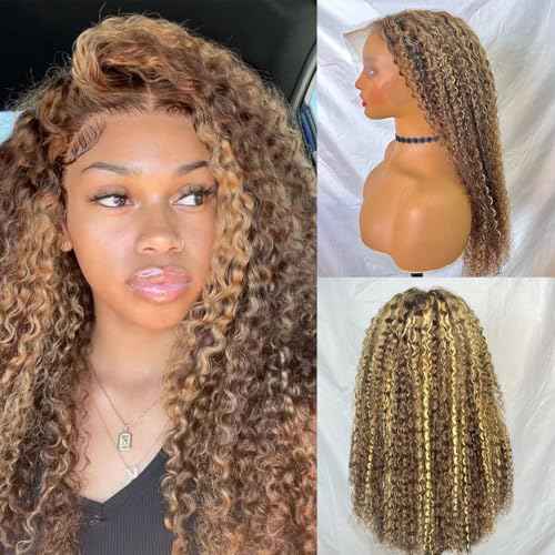 200 Density Honey Blonde Wig Human Hair 13x6 Deep Wave HD Transparent Lace Front Wigs Human Hair Pre Plucked 4/27 Highlight Ombre Jerry Curly Wet And Wavy 100% Human Hair Wigs For Black Women 28 inch