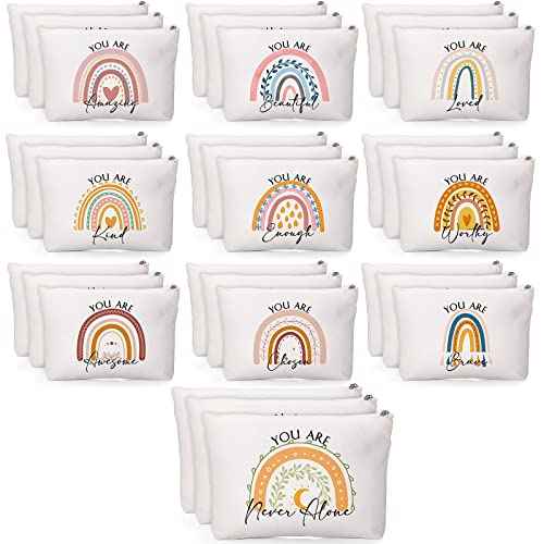 Coume 30 Pcs Inspirational Canvas Makeup Bags Bulk Employee Appreciation Gift for Women Motivational Cosmetic Bags with Zipper Boho Makeup Pouch Christmas Gift for Travel Coworker Teacher(Rainbow)