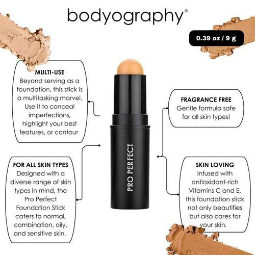 Bodyography Pro Perfect Foundation Stick - Demi-Matte Finish with A Natural Look - Enhancer for Concealing, Highlighting, and Contouring - Vitamin C & E (Sand)