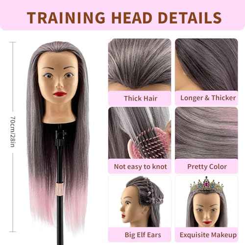 28" Cosmetology Mannequin Head With Hair - Doll Head For Hair Styling | wig Mannequin Head For Braiding, Cutting & Styling Practice | Includes Free Wig Stand & Hair Tools Set (Dark Pink)