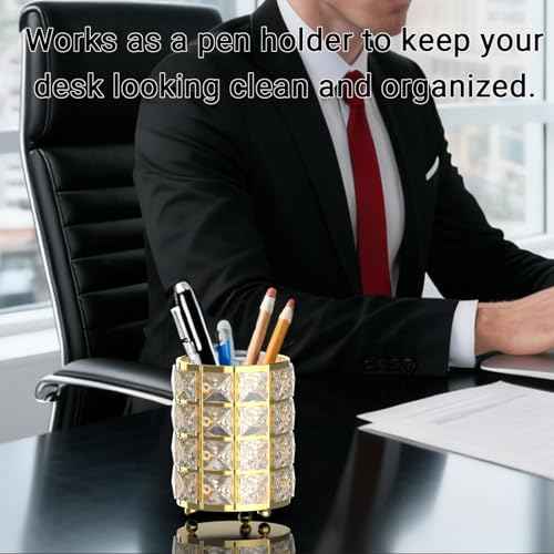 LUGUNU Makeup Brush Holder with Golden Crystal Bling ? Elegant Vanity Organizer for Brushes, Pens & Pencils, Ideal for Bathroom or Office Countertop(2Pack)