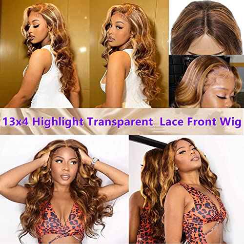 Manorshen Body Wave Ombre Highlight Transparent Lace Frontal Wigs Brazilian Virgin 13x4 Lace Front Glueless Brazilian Human Hair for Women With Baby Hair (Highlight 4/27, 30 Inch)