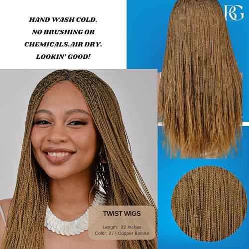 Twisted Wigs, 22-Inch Micro Million Twist Braided Wig - Light, Ultra Braid Wigs for Black Women with Glueless Front Lace Closure - No Tangle Synthetic Braids - Copper Blonde - Color 27