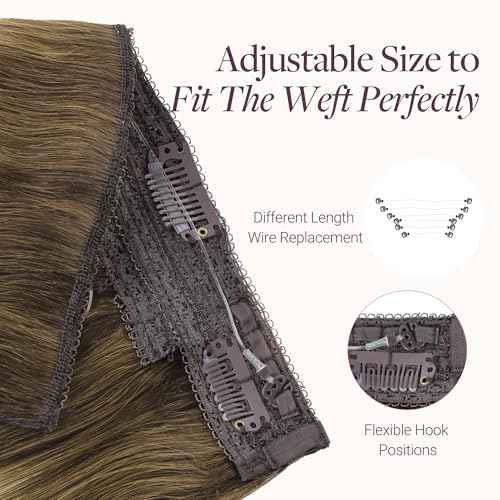 GOO GOO Wire Hair Extensions Human Hair, 3/8/613 Walnut Brown with Ash Brown and Bleach Blonde Balayage 18inch 95g, Invisible Wire Hair Extensions with Transparent, Seamless Fish Line Hairpiece