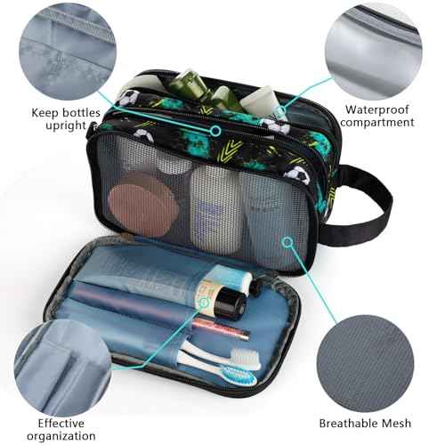 Kids Toiletry Bag for Boys, Travel Toiletry Bag for Little Young Boys Waterproof Hanging Wash Bag Toddler Traveling Toiletries, Soccer Balls Black