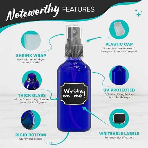 Nevlers Cobalt Blue 2 Oz Glass Spray Bottles 48 Pack | Small Spray Bottle for Hair Set w/Shrink Wrap, Funnel, Brush, Labels & Marker | UV Protected Atomizer Sprayer Glass Travel Containers for Liquids
