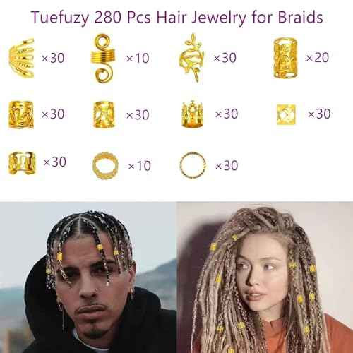 280 Pcs Gold Hair Jewelry Braid, Hair Accessory, Hair Dreadlock Accessory Braid, Metal Gold Braids Rings Cuffs Clips for Dreadlock Accessory Jewelry Decorations