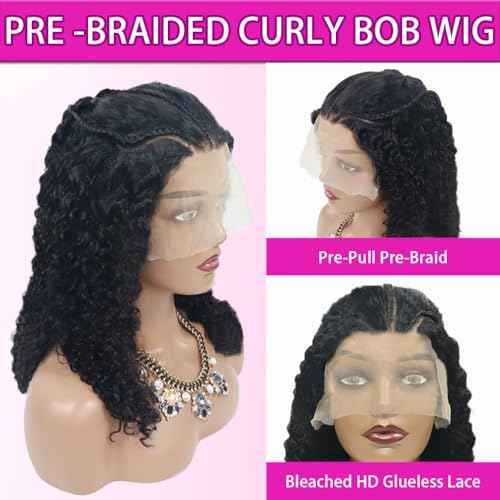 13x6 hd Lace Front Braided Curly Bob Wigs 180% Density 16 Inch Human Hair Deep Wave Wig for Black Women Pre-Plucked Natural Hairline Tangle-Free Easy Install