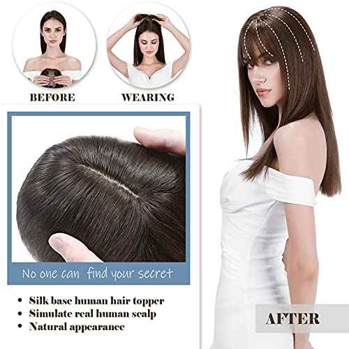 Hairro Human Hair Toppers With Bangs Clip In Remy Topper Hairpiece For Women Silk Base Clip On Toupee With Wispy Air Bang For Thinning Hair Loss 10 Inch 33g #2 Dark Brown