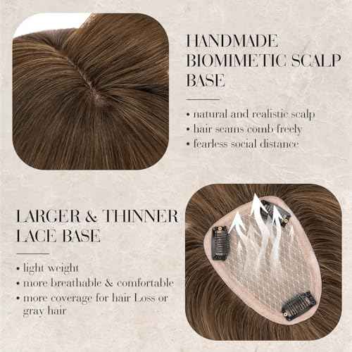 S-noilite Hair Toppers for Women Real Human Hair, 100% Human Hair Toppers with Bangs for Thin Hair, 3.5"*4.7" Handmade Nature-mimicking Scalp Base 12¡± Natural Brown