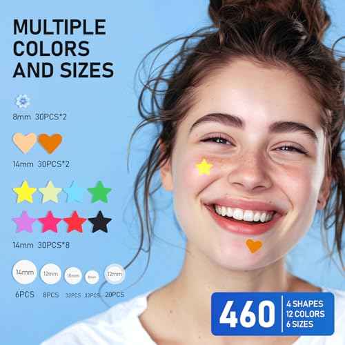 Pimple Patches for Face, 460 Counts Acne Patches, Hydrocolloid Zit Patches with Tea Tree Oil and Salicylic Acid, 4Sizes Cute Star Heart Shaped 11Colors£¨8/10/12/14mm£©