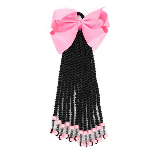 Passion Twist Kids Ponytail With Beads Braids Hair Extension Detachable Synthetic Curly Hairpieces With Bows Protective Easy Hairstyle For Girls Toddlers Children Gift (Pink, Twist-9inch)