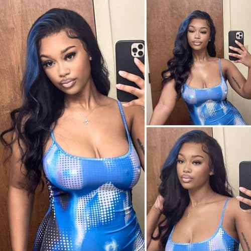 ALHER Black Mix Blue Body Wave 4x4 Lace Closure, 12A #1B/BlueColored Closure Free Part Pre Plucked with Baby Hair, 100% Virgin Remy Human Hair for Black Women 150% Density 12 Inch