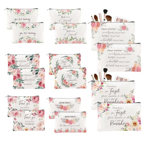 16PCS Canvas Cosmetic Bags Bulk Inspirational Quotes Makeup Bags for Women Encouragement Travel Pouch with Zipper Flower Cosmetic Pouch for Christmas Friendgiving Friend Gifts