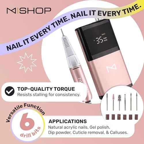 M - E-ZDrill Rechargeable Electric Nail Drill, 35k RPM, Smart Speed & Battery LCD, Portable Lightweight, Forward/Reverse, Aluminum Metal, Acetone Resistant Nail Drill (Rose Gold)