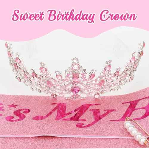 CURASA Birthday Sash and Crown - Pink Birthday Tiara for Women - Princess Crown Party Favors