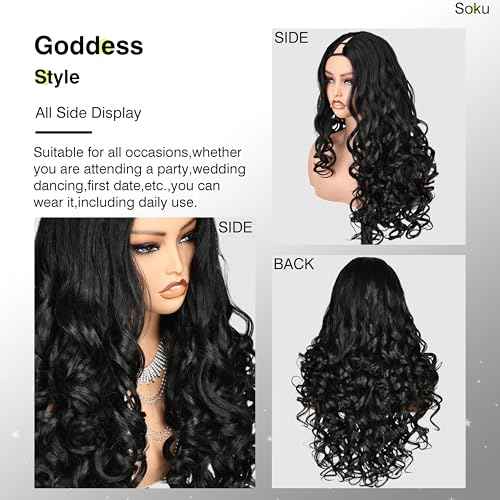 SOKU Long Curly V Part Wig 22 Inch Natural Black Curly Half Wig Upgrade U Part Synthetic Hair Daily Wigs Ready to Wear Glueless for Black Women