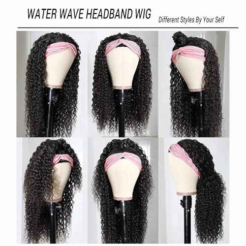 Curly Headband Wigs for Black Women Wet and Wavy Afro Headband Wig Water Wave Blend Human Hair & Synthetic Hair Ready to Go Glueless Half Wigs 180% Density (Black-#1B, 20 Inch)