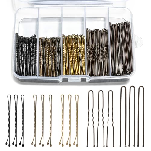 Bobby Pins and Hair Pins Combo Box 500PCS, Big Quantity Hair Pins Kit Black Brown Gold Bobby Pins and U Shape Brown for Styling Hair with Storage Box 2" / 2.4" / 2.6¡± for Women
