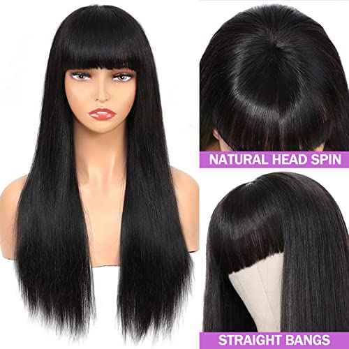 Lativ Straight Human Hair Wigs with Bangs None Lace Front Wigs 150% Density Glueless Machine Made Brazilian Virgin Human Hair Wigs for Black Women Natural Color(24 Inch, Straight)